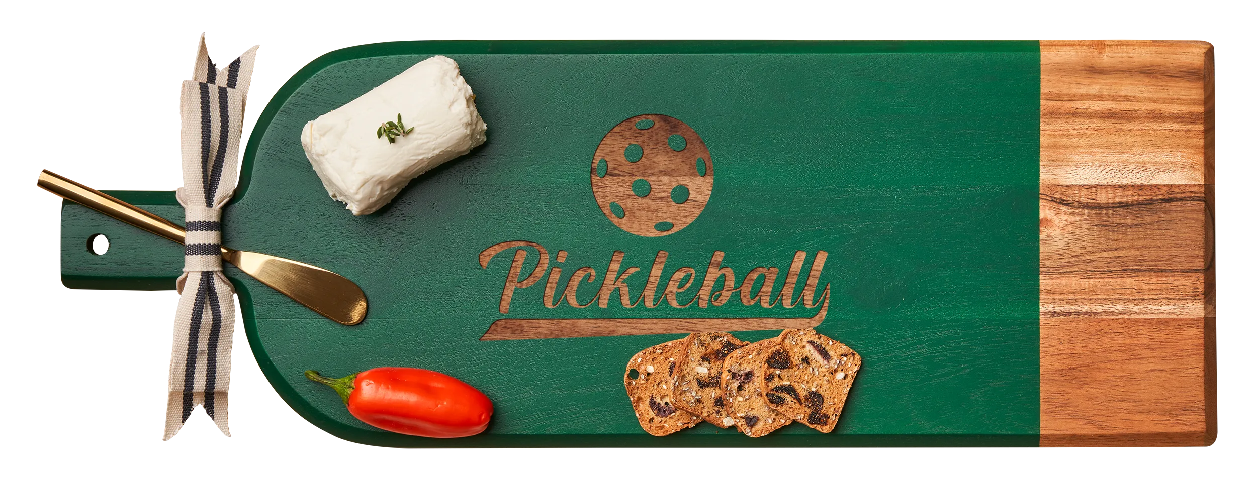 Acacia Bevel Board Green w/ Ribbon & Spreader "Pickleball"