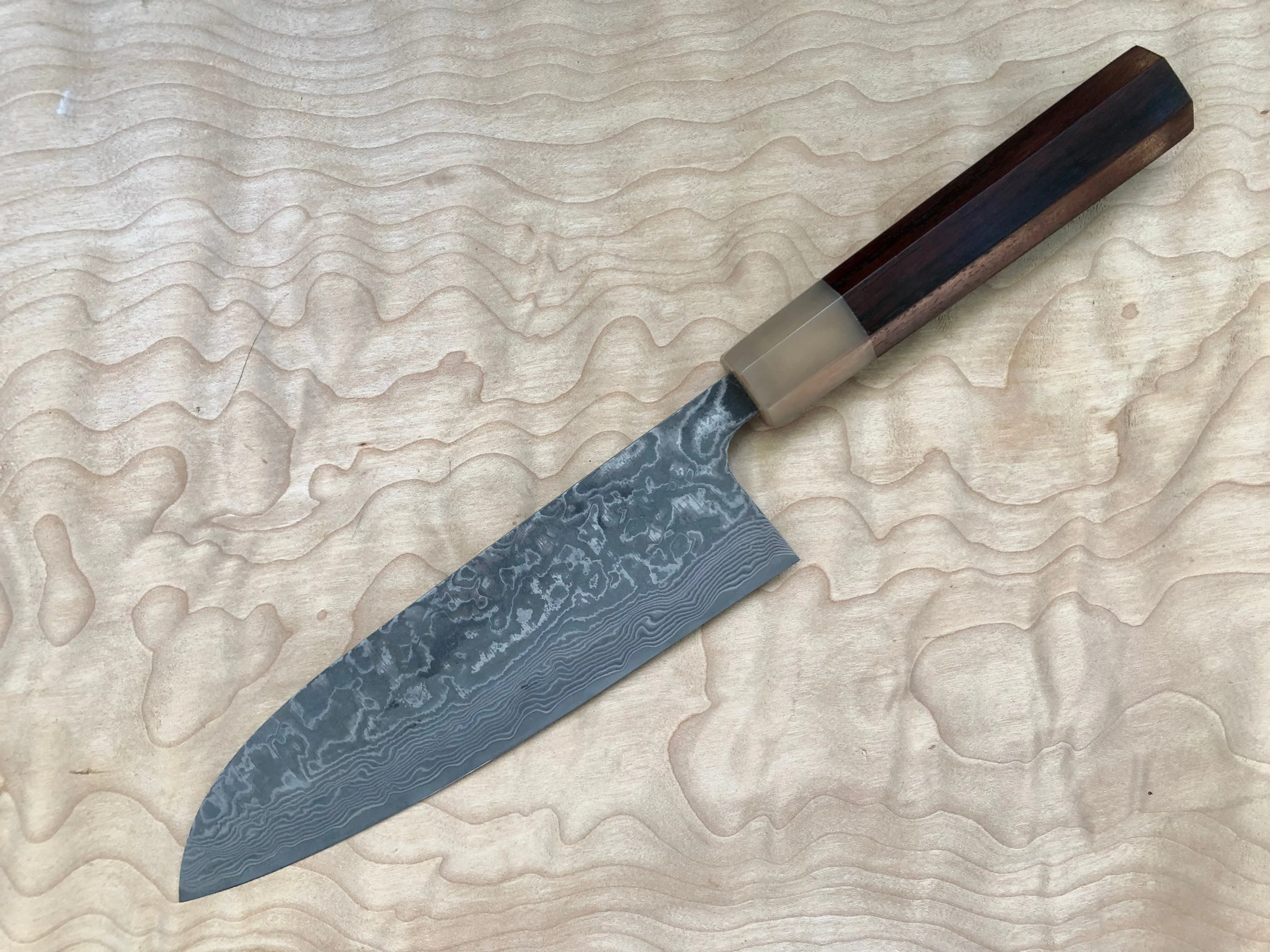 Custom Takeshi Saji R2/SG2 Damascus  Santoku 180mm - Rosewood and blonde horn
