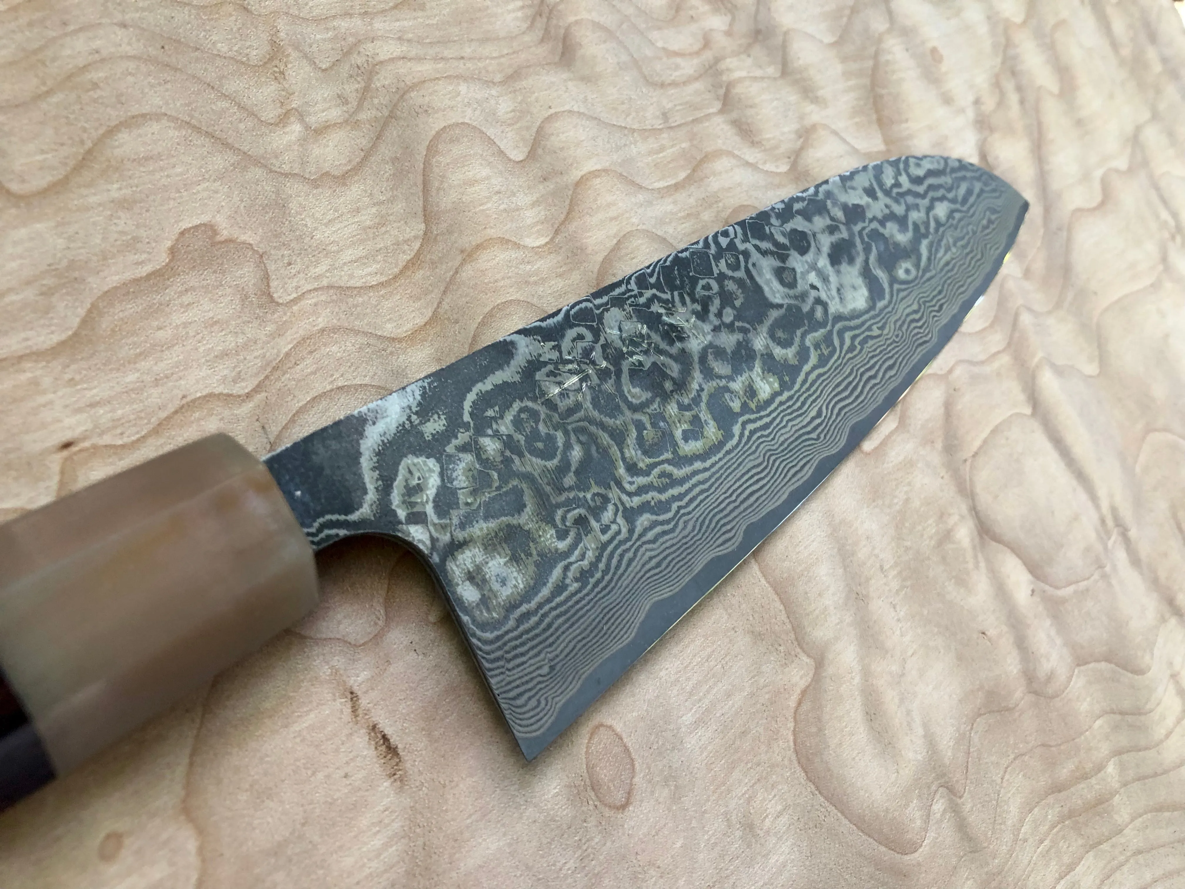 Custom Takeshi Saji R2/SG2 Damascus  Santoku 180mm - Rosewood and blonde horn