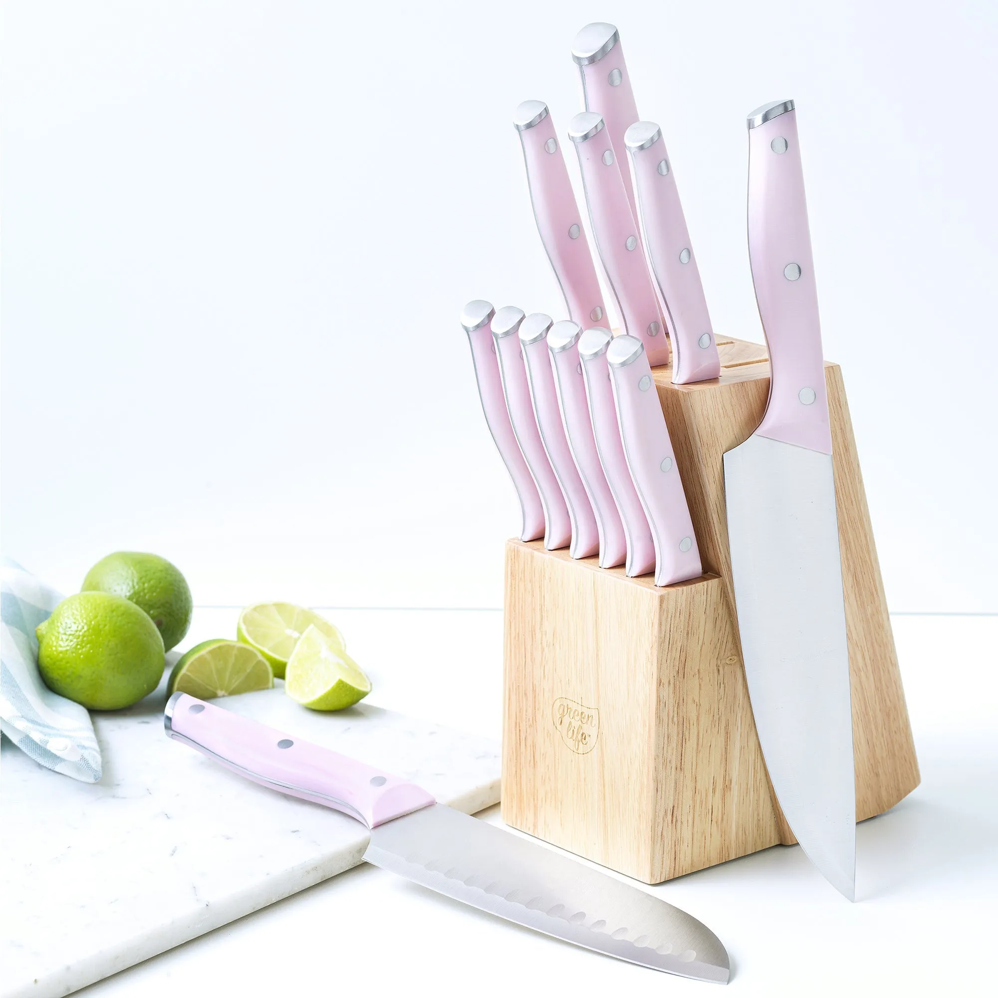 GreenLife Stainless Steel 13-Piece Knife Block Cutlery Set | Pink