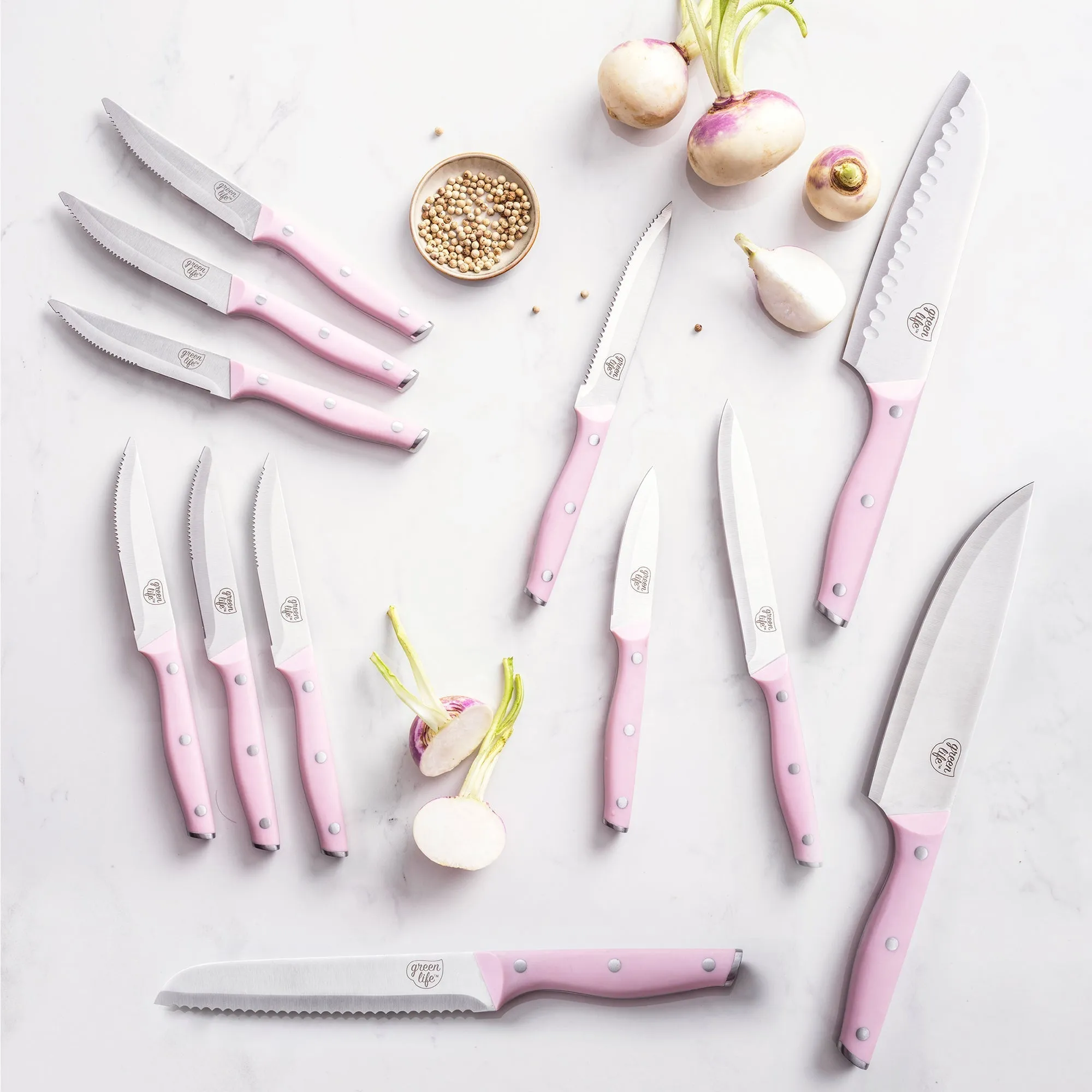 GreenLife Stainless Steel 13-Piece Knife Block Cutlery Set | Pink