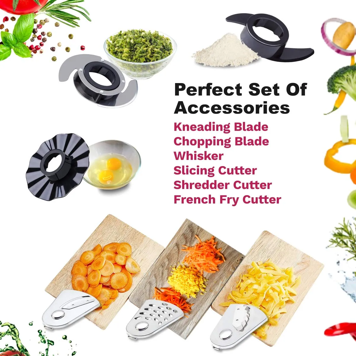 Inalsa Easy Prep 800W Food Processor with 1.4L Bowl, Atta Kneader, Chopper, Whisker & 7 Accessories – Black