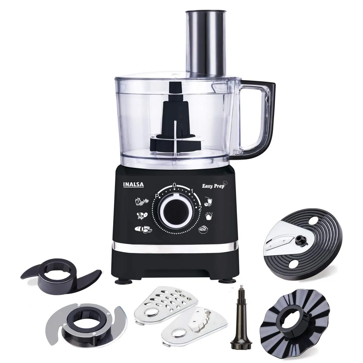 Inalsa Easy Prep 800W Food Processor with 1.4L Bowl, Atta Kneader, Chopper, Whisker & 7 Accessories – Black