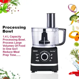Inalsa Easy Prep 800W Food Processor with 1.4L Bowl, Atta Kneader, Chopper, Whisker & 7 Accessories – Black