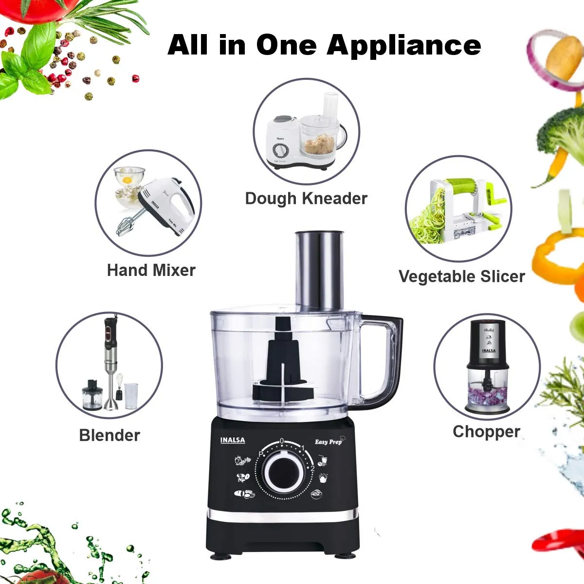 Inalsa Easy Prep 800W Food Processor with 1.4L Bowl, Atta Kneader, Chopper, Whisker & 7 Accessories – Black