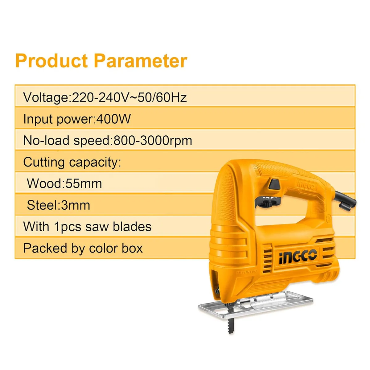 Ingco JS400285 Corded Jigsaw with 400W Motor - Variable Speed, Bevel Cutting, and Dust Removal System for Precision DIY and Professional Woodworking