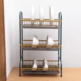 Kuber Industries 3-Layer Dish Drying Rack|Storage Rack for Kitchen Counter|Drainboard & Cutting Board Holder|Premium Utensils Basket (Dark Green & Gold)