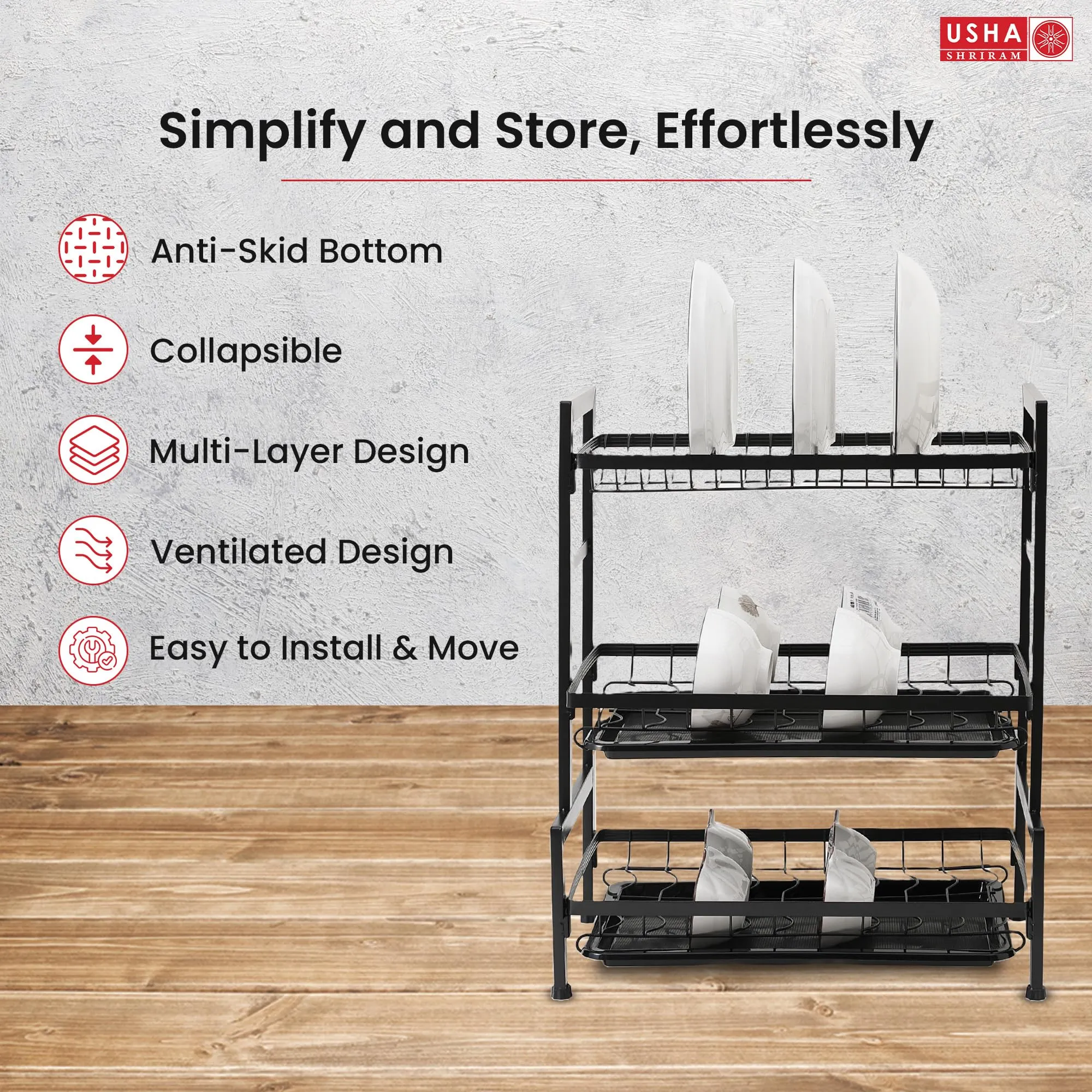 Kuber Industries 3-Layer Dish Drying Rack|Storage Rack for Kitchen Counter|Drainboard & Cutting Board Holder|Premium Utensils Basket|Free Mounting (Black)