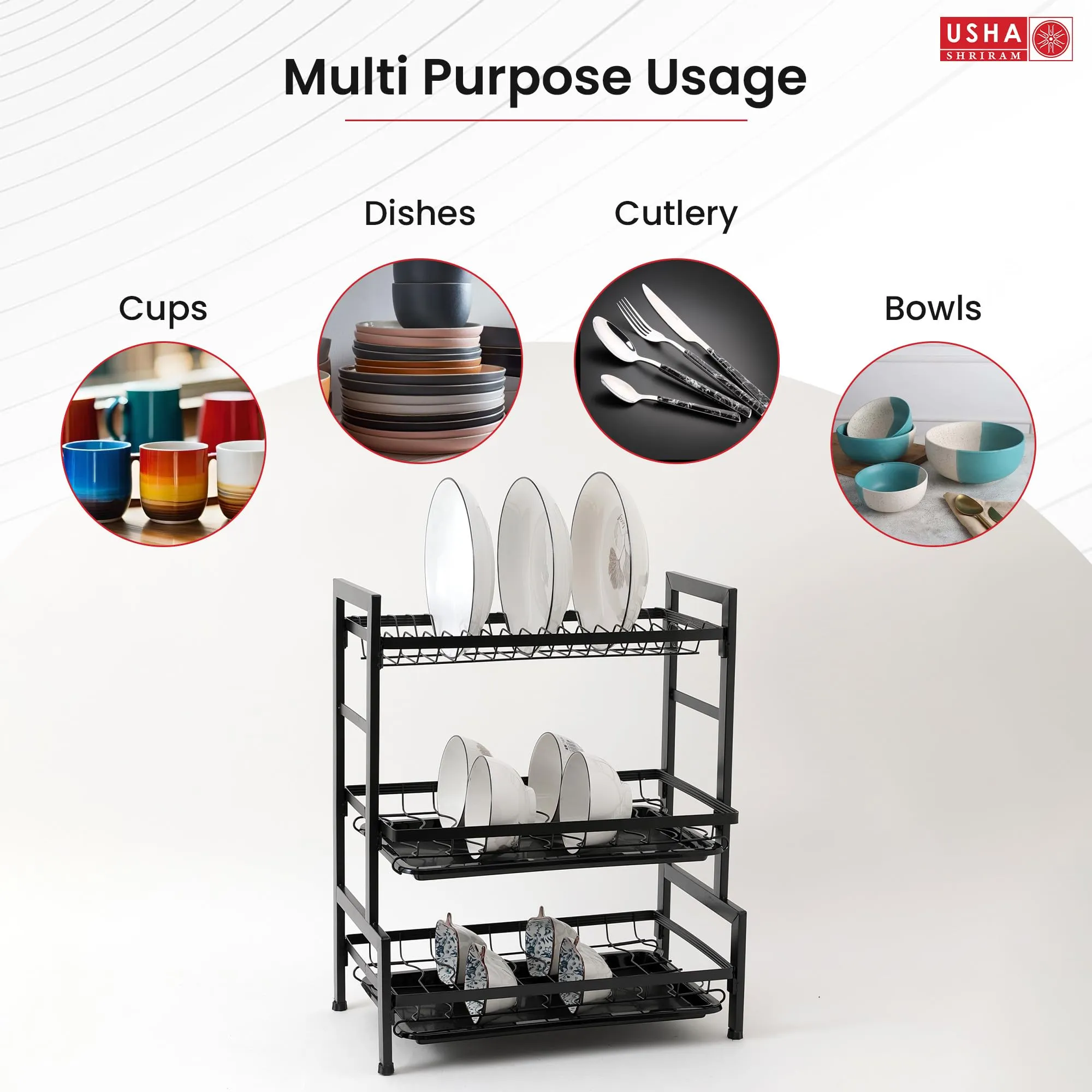 Kuber Industries 3-Layer Dish Drying Rack|Storage Rack for Kitchen Counter|Drainboard & Cutting Board Holder|Premium Utensils Basket|Free Mounting (Black)