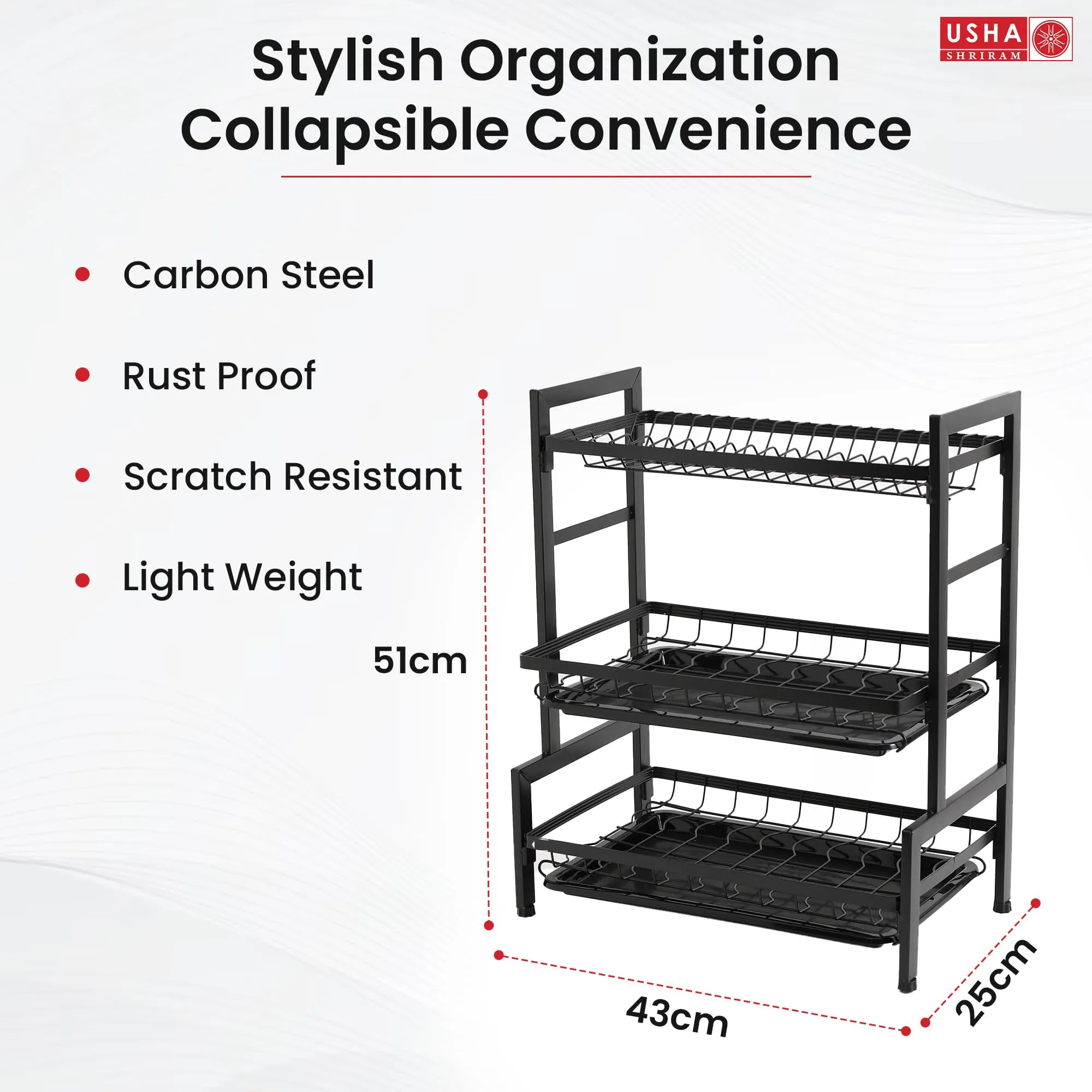 Kuber Industries 3-Layer Dish Drying Rack|Storage Rack for Kitchen Counter|Drainboard & Cutting Board Holder|Premium Utensils Basket|Free Mounting (Black)
