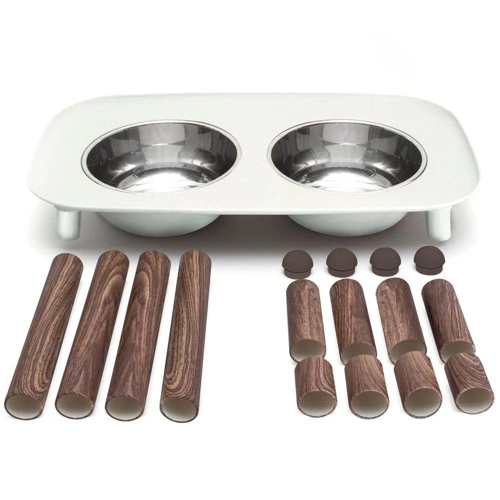 Messy Mutts Adjustable Elevated Double Feeder With Stainless Steel Dog Bowls (Light Grey, Faux Wood Legs)