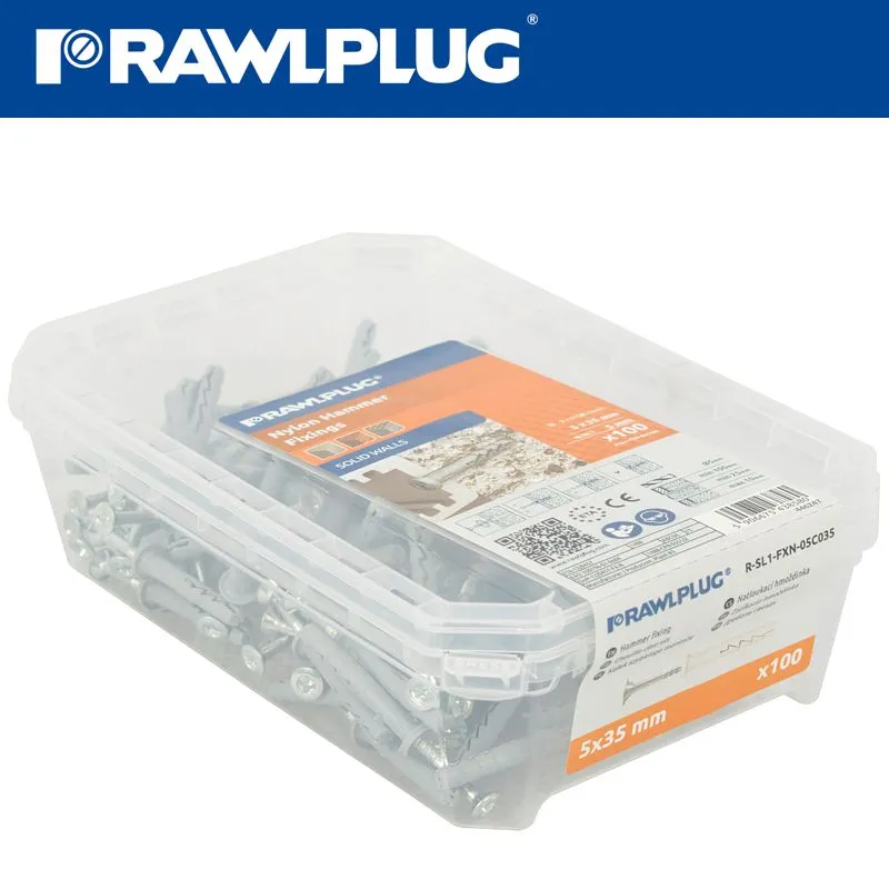 RAWLPLUG NYL NAIL-IN FIXING 5 X 35MM CYLINDRIC 100 PSC PER TUB RAW R-SL1-FX-N05C035