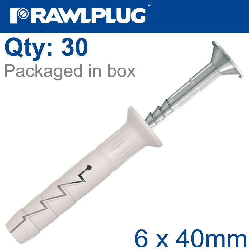 RAWLPLUG NYL NAIL-IN FIXING 6X40MM   CSK HEAD X30 -BAG RAW R-S1-FX-N06L040-30