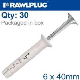 RAWLPLUG NYL NAIL-IN FIXING 6X40MM   CSK HEAD X30 -BAG RAW R-S1-FX-N06L040-30