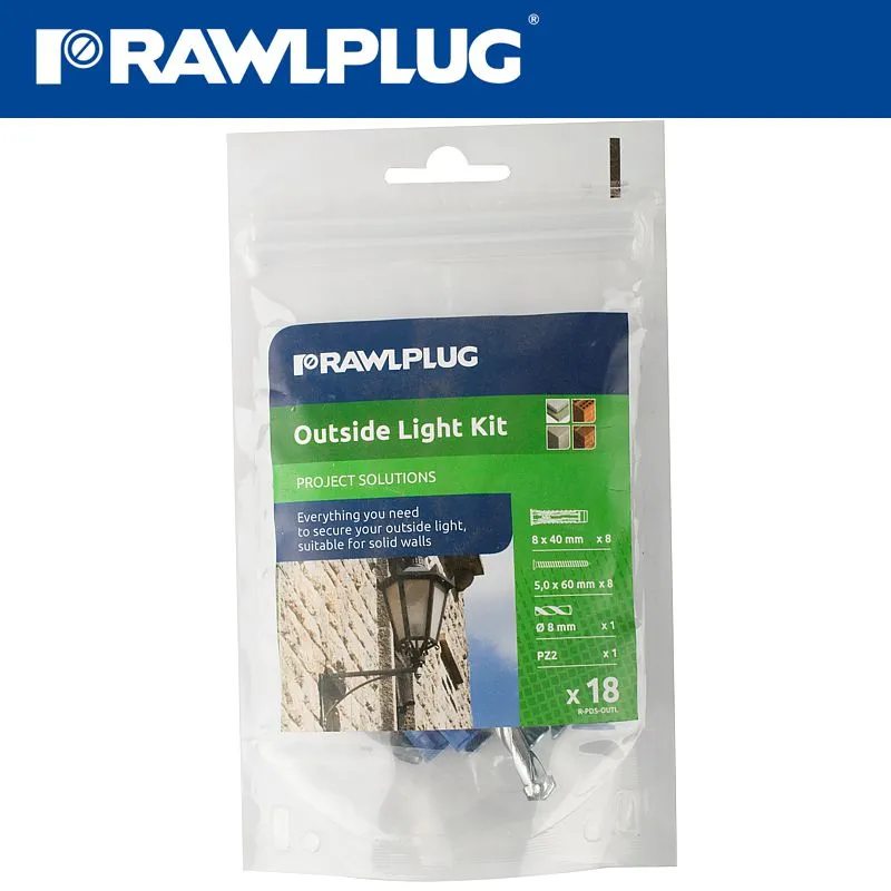 RAWLPLUG OUTSIDE LIGHT KIT 4ALL-08X8-5.0X5MM SCREWS WITH 8MM DRILL BIT RAW R-PDS-OUTL