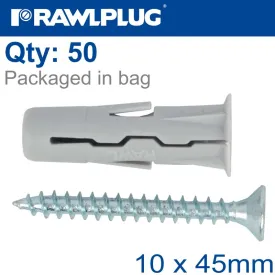RAWLPLUG UNIVERSAL PLUG WITH SCREW 10X45MM X50 PER BAG RAW R-S1-UNO-10-50