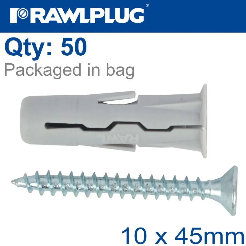 RAWLPLUG UNIVERSAL PLUG WITH SCREW 10X45MM X50 PER BAG RAW R-S1-UNO-10-50