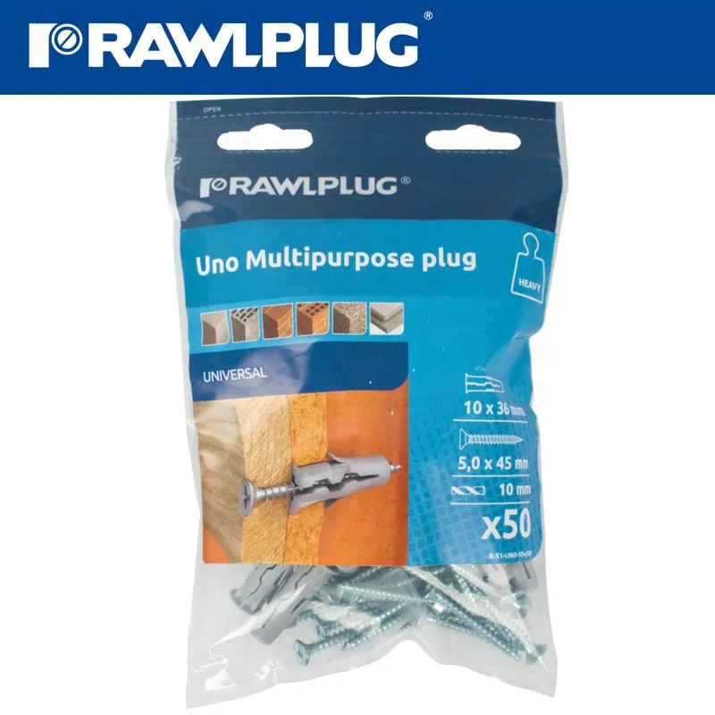RAWLPLUG UNIVERSAL PLUG WITH SCREW 10X45MM X50 PER BAG RAW R-S1-UNO-10-50