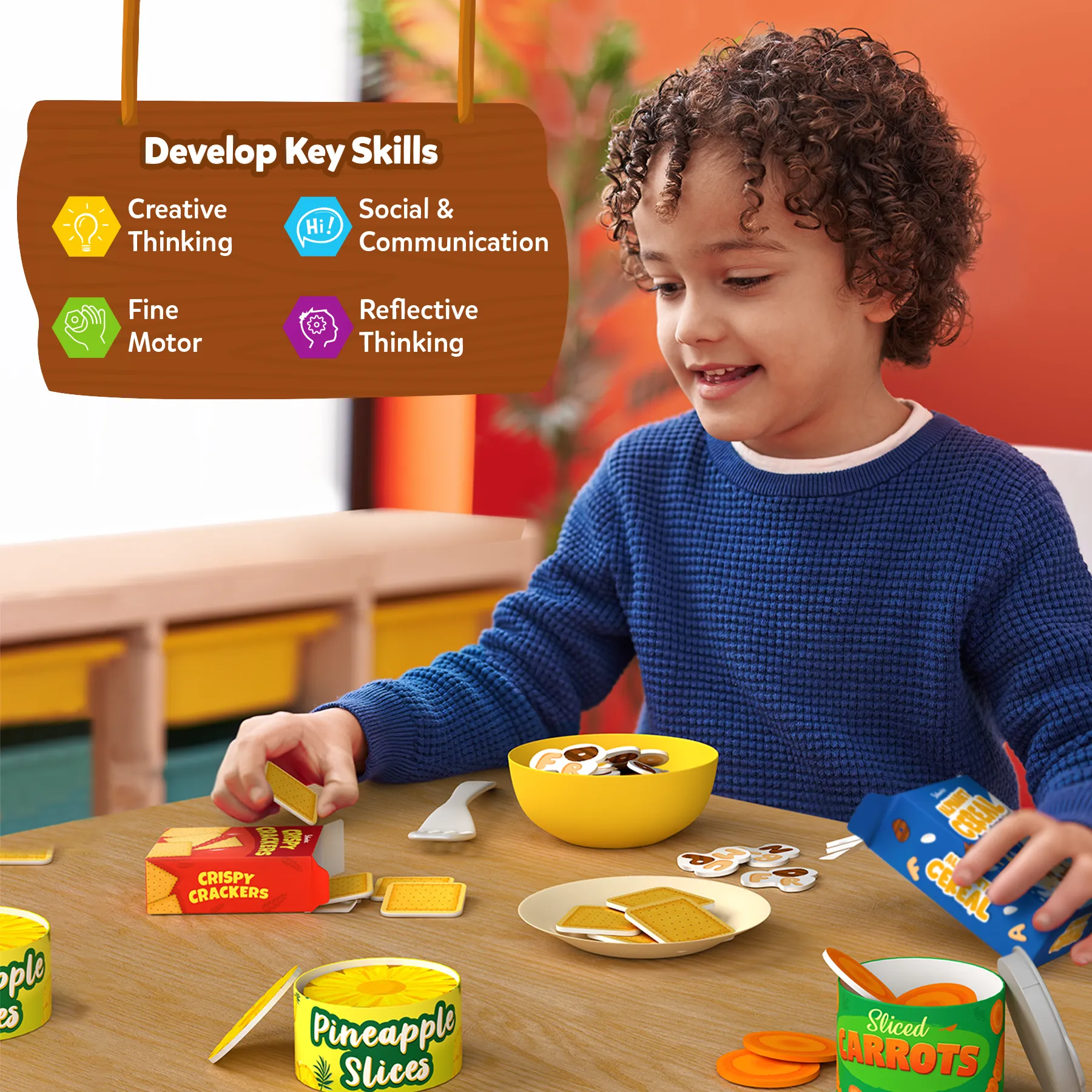 Skillmatics Grocery Set - 100  Pieces, 10 Containers with Play Food Inside, Realistic Pretend Play Toys for Kids Kitchen Set, Gift for Girls & Boys Ages 3 & Up