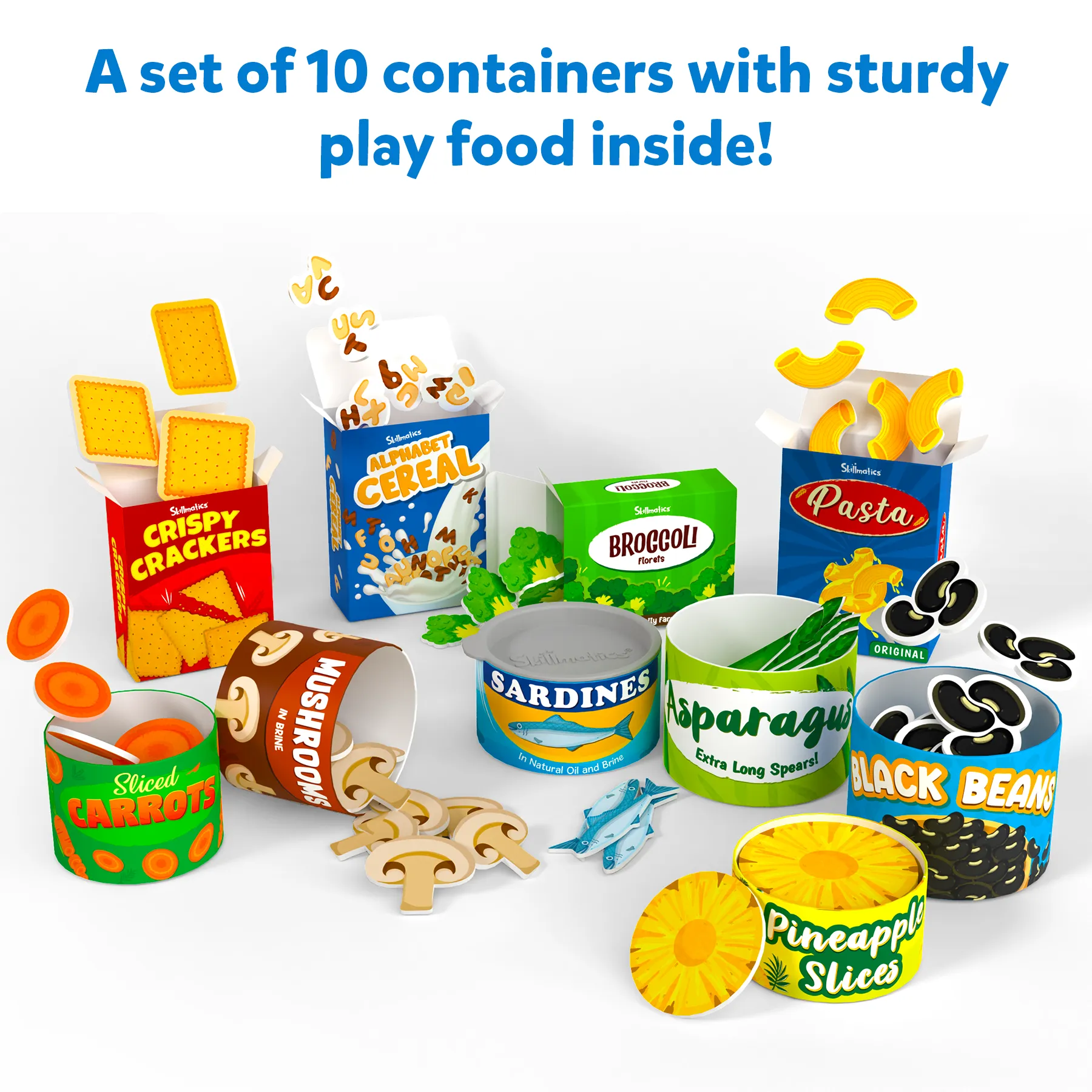 Skillmatics Grocery Set - 100  Pieces, 10 Containers with Play Food Inside, Realistic Pretend Play Toys for Kids Kitchen Set, Gift for Girls & Boys Ages 3 & Up