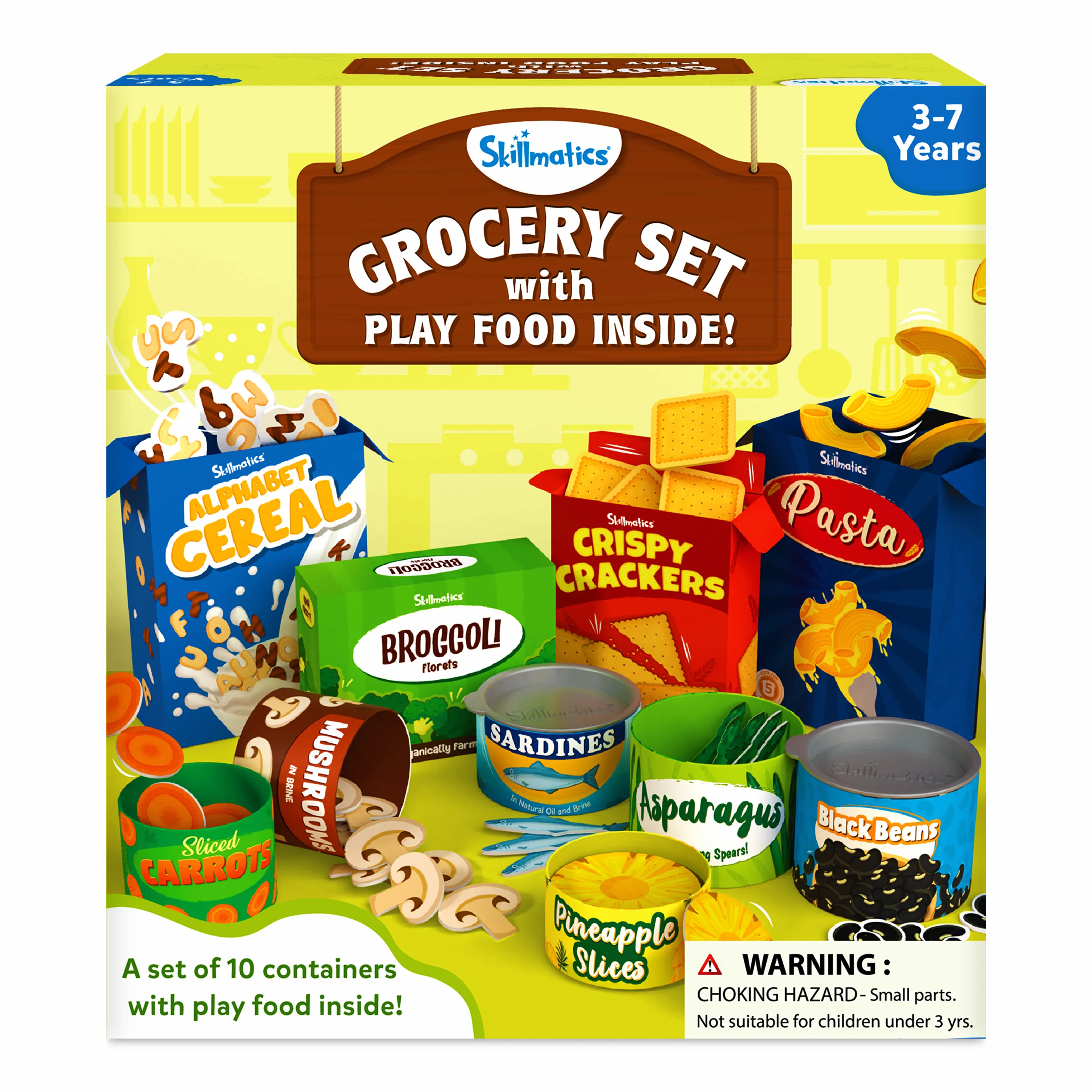 Skillmatics Grocery Set - 100  Pieces, 10 Containers with Play Food Inside, Realistic Pretend Play Toys for Kids Kitchen Set, Gift for Girls & Boys Ages 3 & Up