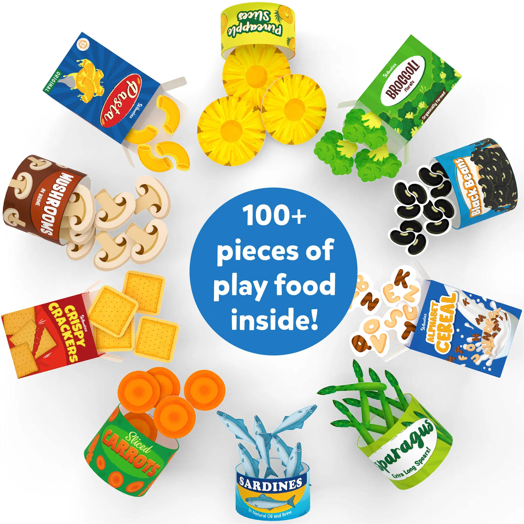 Skillmatics Grocery Set - 100  Pieces, 10 Containers with Play Food Inside, Realistic Pretend Play Toys for Kids Kitchen Set, Gift for Girls & Boys Ages 3 & Up