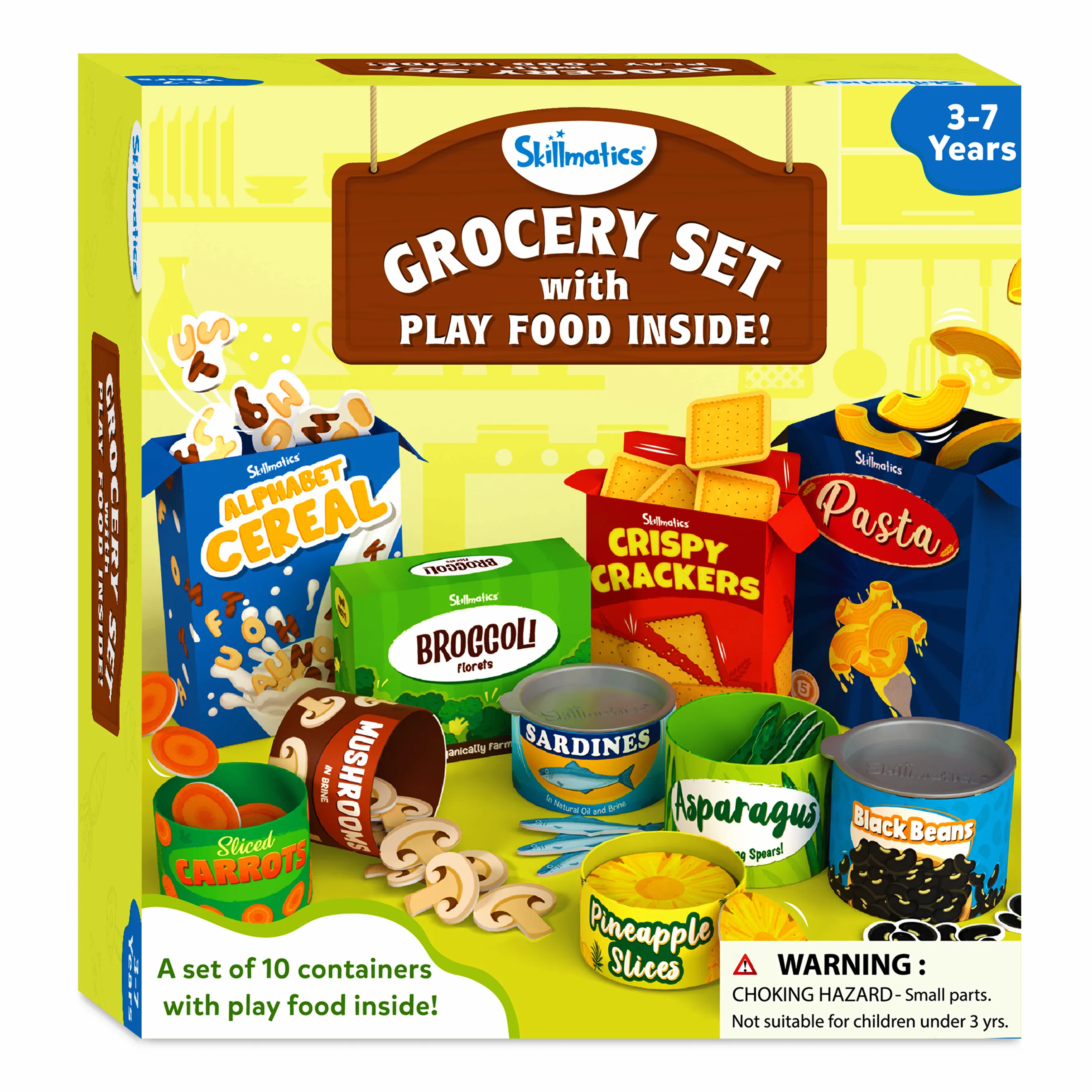 Skillmatics Grocery Set - 100  Pieces, 10 Containers with Play Food Inside, Realistic Pretend Play Toys for Kids Kitchen Set, Gift for Girls & Boys Ages 3 & Up