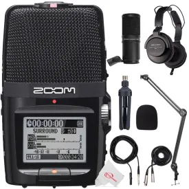 Zoom H2n ext 2-Input / 4 Track Handy Digital Audio Stereo Recorder with 5 Built-In Mic Array   Boya BY-BA20 Aluminum Alloy Desk Holder Microphone Stand Bracket   Zoom ZDM-1 Podcast Mic Pack Accessory Bundle