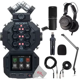 Zoom H8 8-Input / 12-Track Digital Handy Audio Recorder For Field Recording Music And Podcasting    Boya BY-BA20 Aluminum Alloy Desk Holder Microphone Stand Bracket   Zoom ZDM-1 Podcast Mic Pack Accessory Bundle