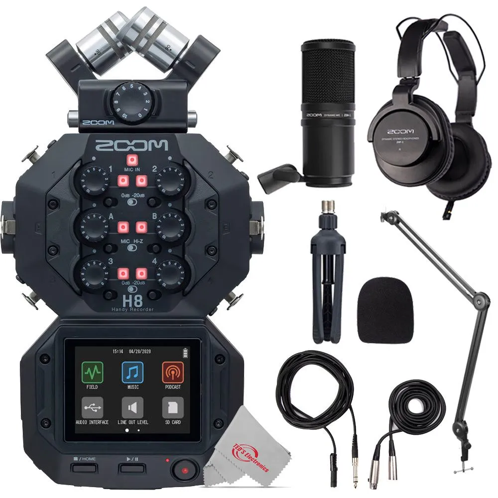 Zoom H8 8-Input / 12-Track Digital Handy Audio Recorder For Field Recording Music And Podcasting    Boya BY-BA20 Aluminum Alloy Desk Holder Microphone Stand Bracket   Zoom ZDM-1 Podcast Mic Pack Accessory Bundle